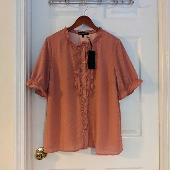 NWT Gibsonlook Short Sleeve Swiss Dot Full Placket Blouse, Mauve, Large - Picture 1 of 12
